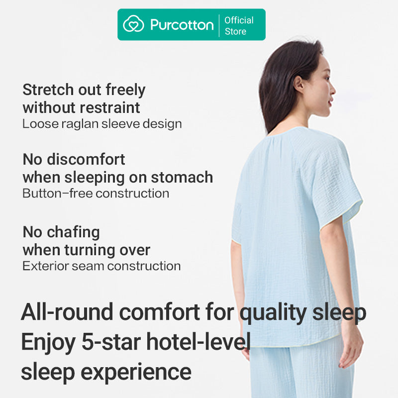 Purcotton Ensemble de loungewear en gaze Airysoft pour femme - Style pantalon long, respectueux de la peau, style reposant et décontracté - Bleu pur - Haut : 160/84A ; bas : 160/68A