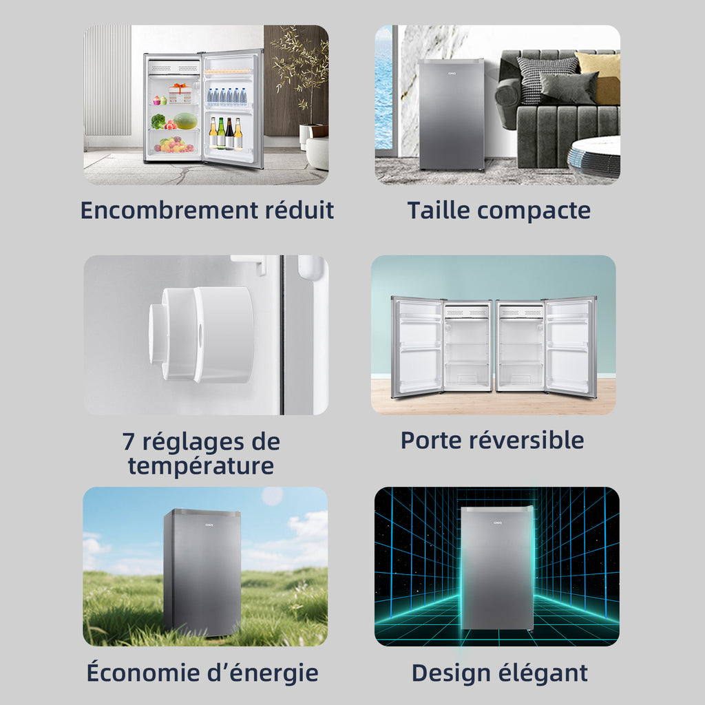 CHiQ JR99DWE Réfrigérateur 92 L avec compartiment congélateur, design compact de 0,22 m², silencieux, classe énergétique E - Argent
