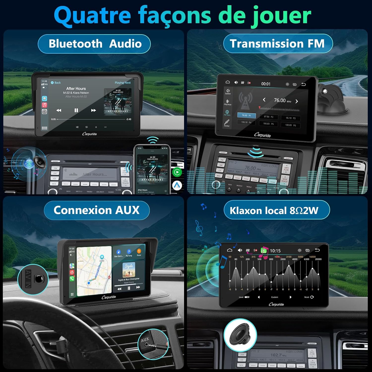 Autoradio CARPURIDE, portable sans fil Carplay & Android Auto, radio tactile 7 pouces 1080P HD avec BT 5.0, prise en charge Mirror Link, support de tableau de bord pour camion camping-car