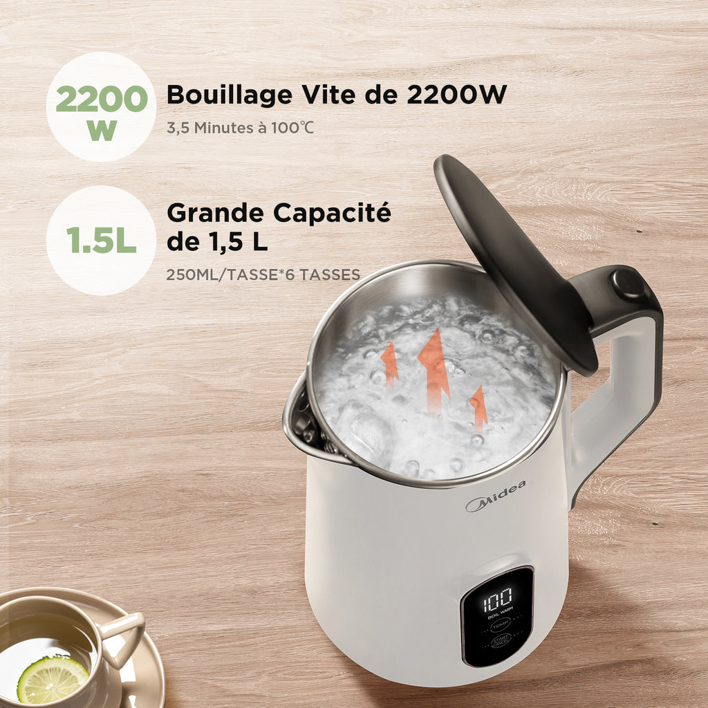 Midea Bouilloire 1,5 L en acier inoxydable, réglage de température variable 45-100 °C, 2200 W, double paroi, affichage numérique de la température, sans BPA et protections multiples