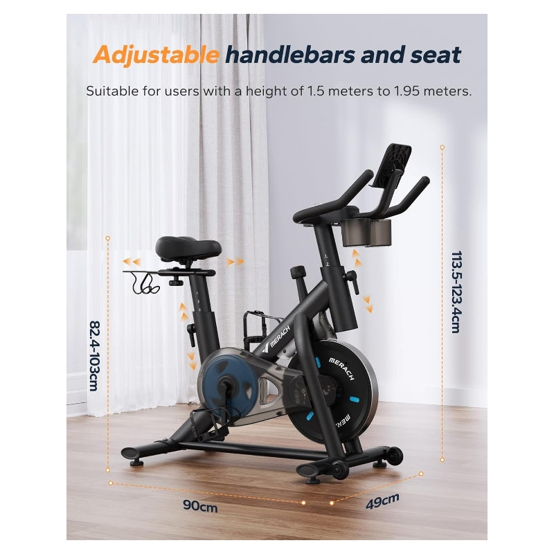 MERACH vélo d'appartement à résistance magnétique, pour usage intérieur, avec support pour haltères et support pour tablette, avec application intégrée, charge maximale 122kg