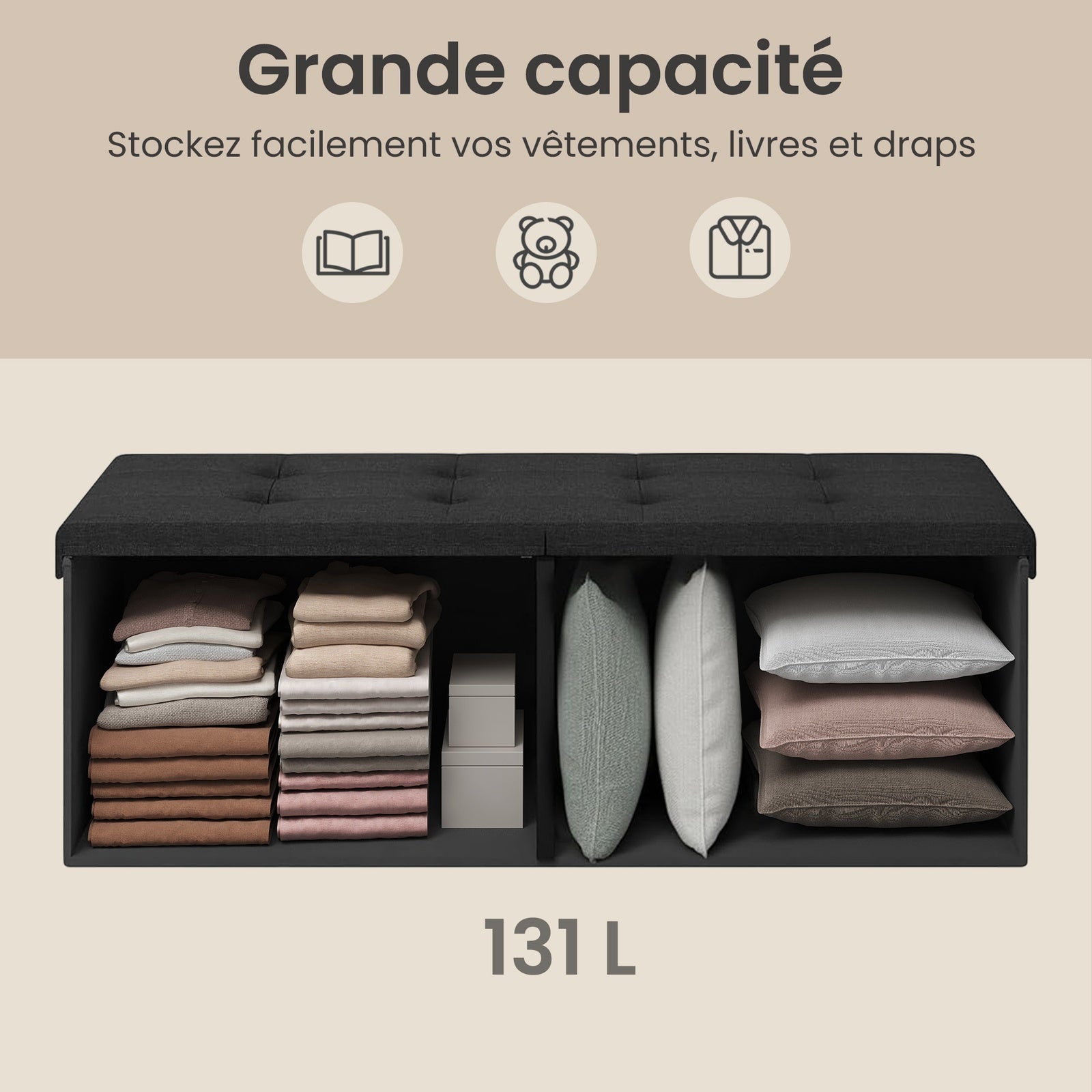 JOYFURNOS Banc de rangement, 38 x 110 x 38 cm, pouf coffre, banc de lit, pour salon, chambre à coucher, entrée, noir