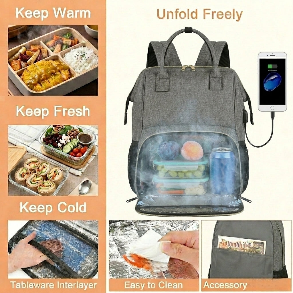 Sac à dos isotherme pour le déjeuner pour femmes et hommes, sac ordinateur 15,6 pouces et sac de voyage avec port USB, imperméable pour hommes, université et affaires, gris