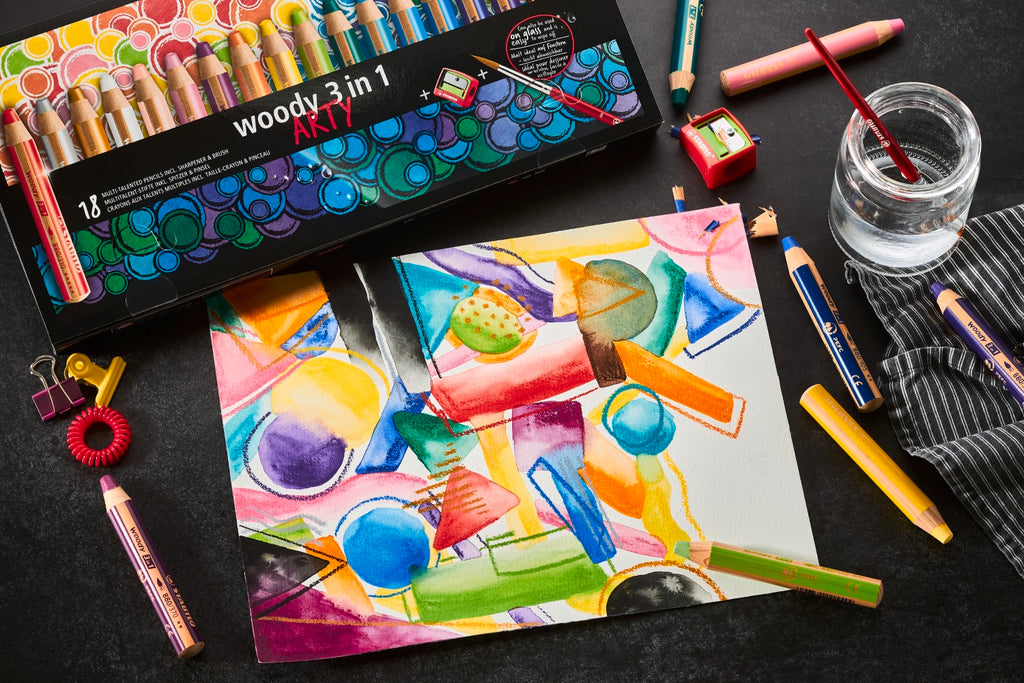 STABILO ARTY Woody 3-en-1 Lot de 18 crayons de couleur multi-talents avec taille-crayon et pinceau