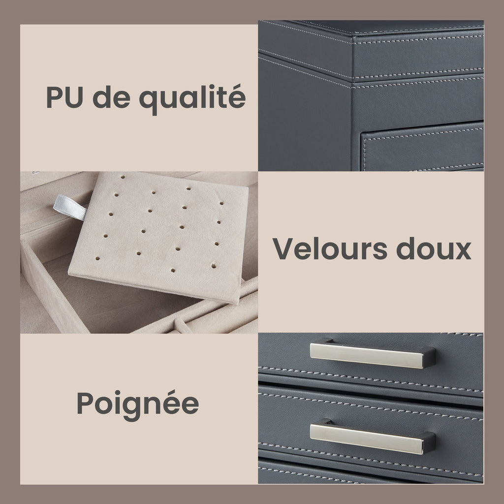 JOYFURNOS Boîte à Bijoux 6 Niveaux, Écrin à Accessoires, avec Grand Miroir, 5 Tiroirs, Rangement pour Bijoux, Moderne, Gris