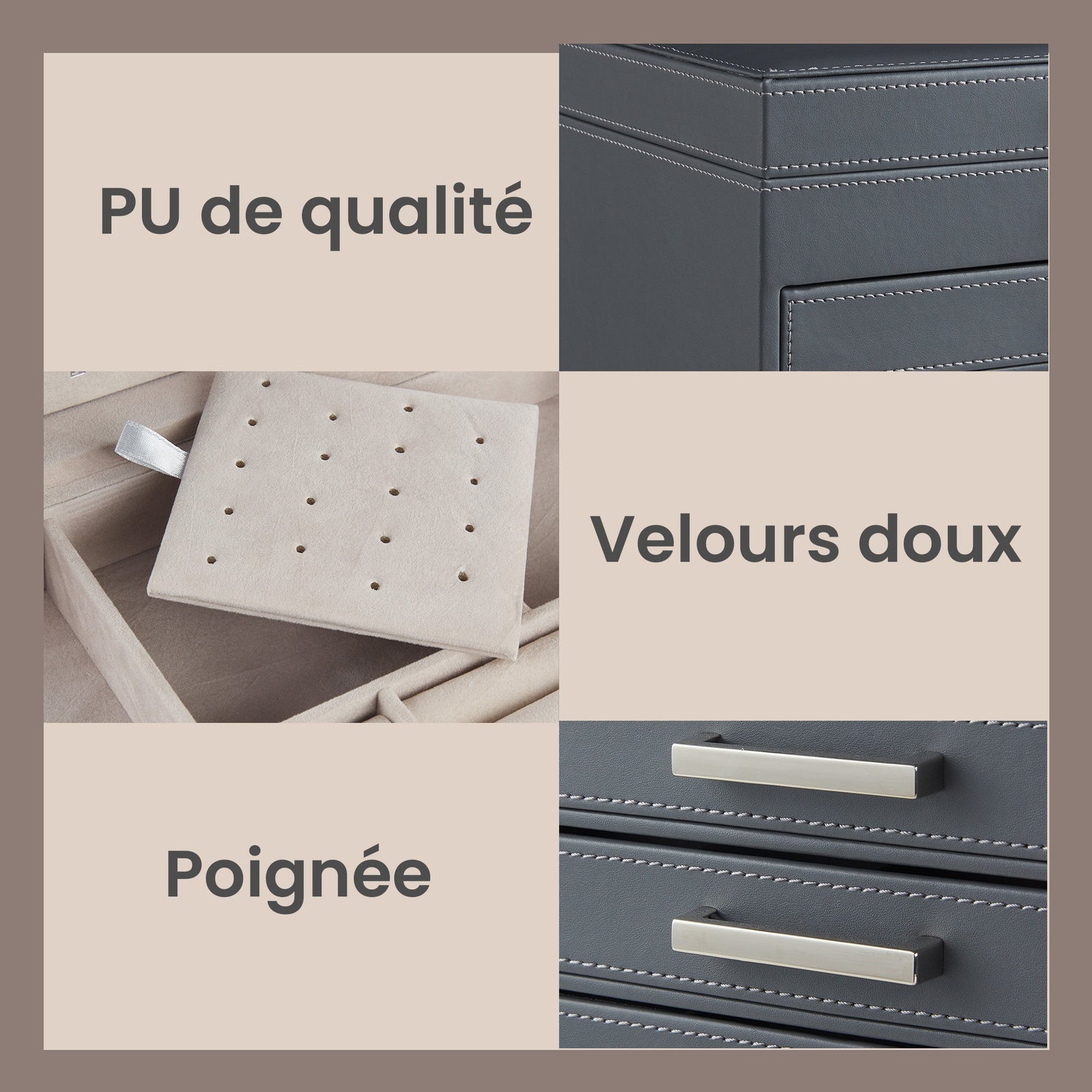 JOYFURNOS Boîte à Bijoux 6 Niveaux, Écrin à Accessoires, avec Grand Miroir, 5 Tiroirs, Rangement pour Bijoux, Moderne, Gris