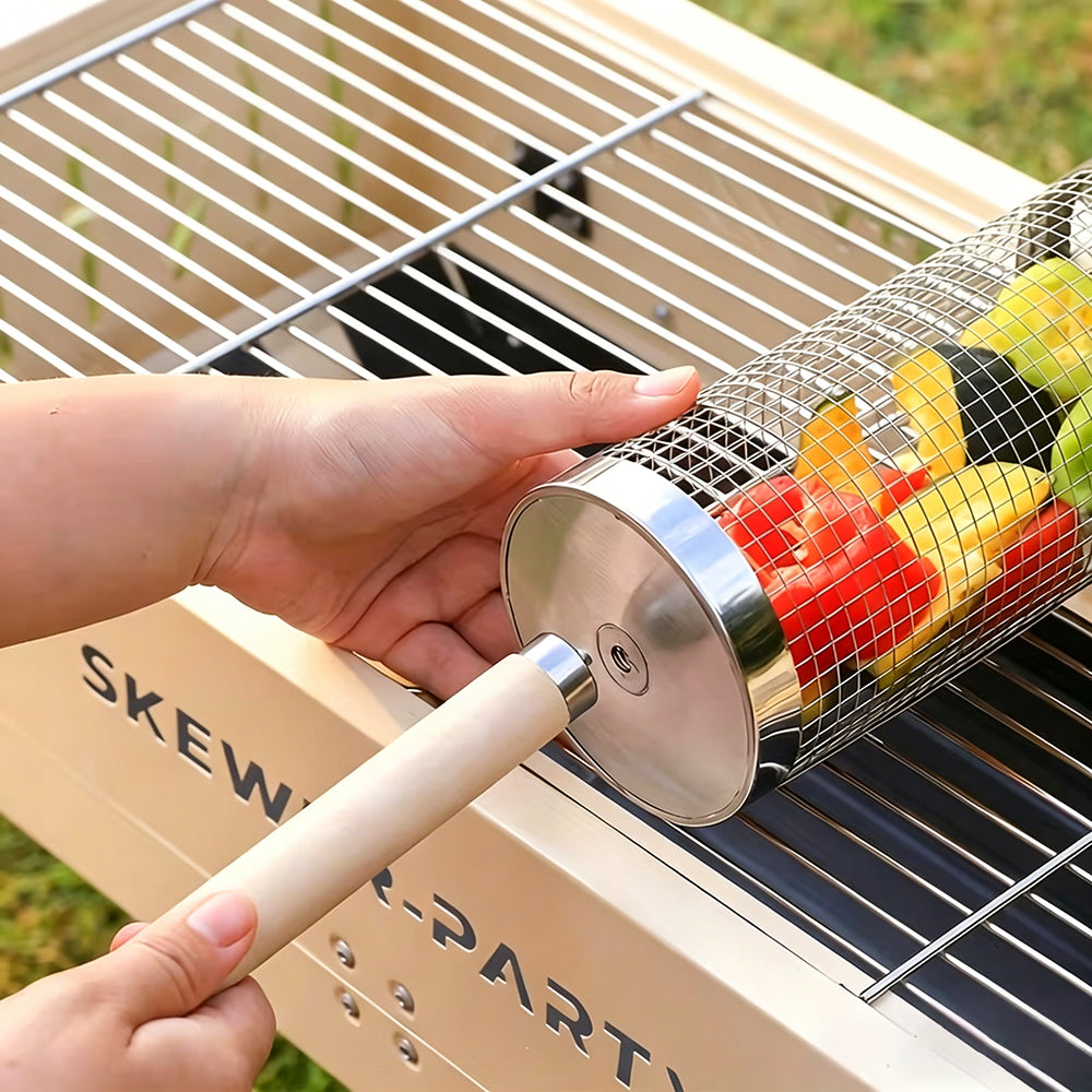 Huacan Panier rond à barbecue, Seau de barbecue d’extérieur, Cage de fumage pour barbecue portable, Panier roulant rotatif en acier inoxydable, Petit