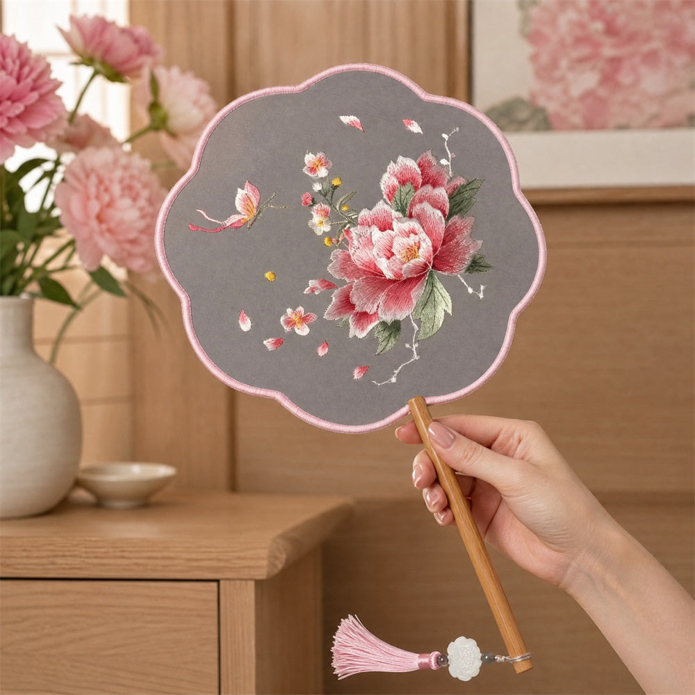 Huacan Style chinois Broderie Su Broderie double face Ventilateur brodé, Style ancien Hanfu Ventilateur de savoir-faire classique, Accessoire de voyage en plein air Danse Cheongsam Pivoine Ventilateur de fée 1 pc