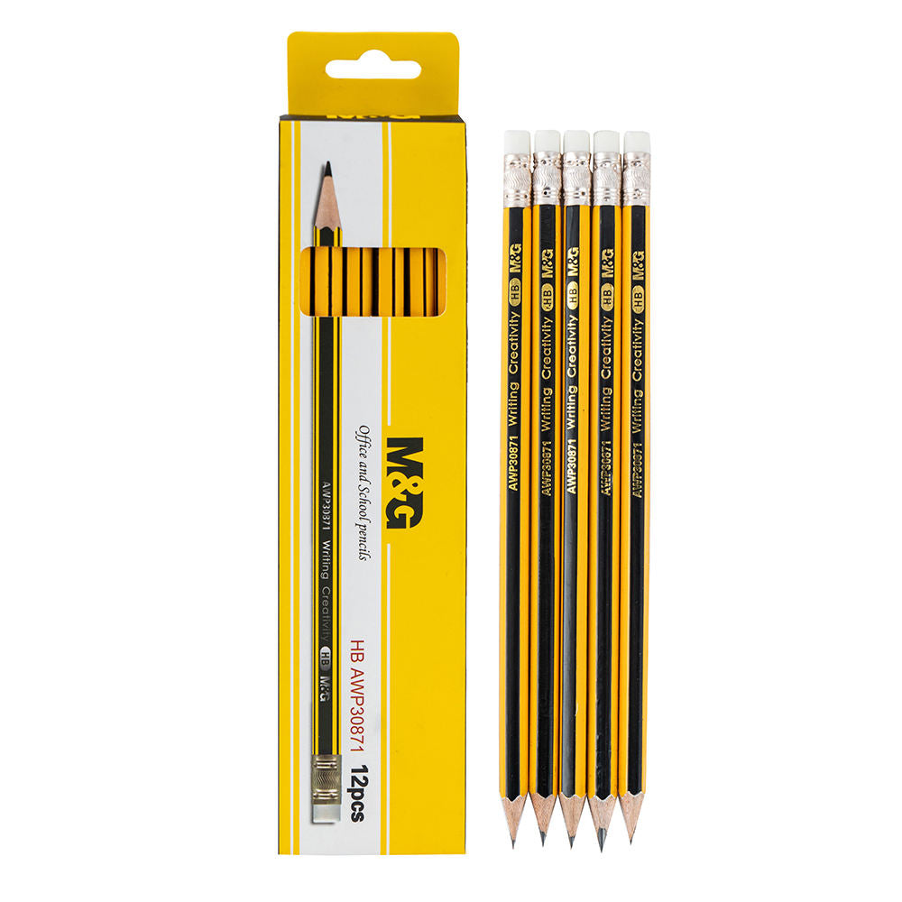 M&G Lot de 12 crayons HB en bois avec gomme - Jaune et noir