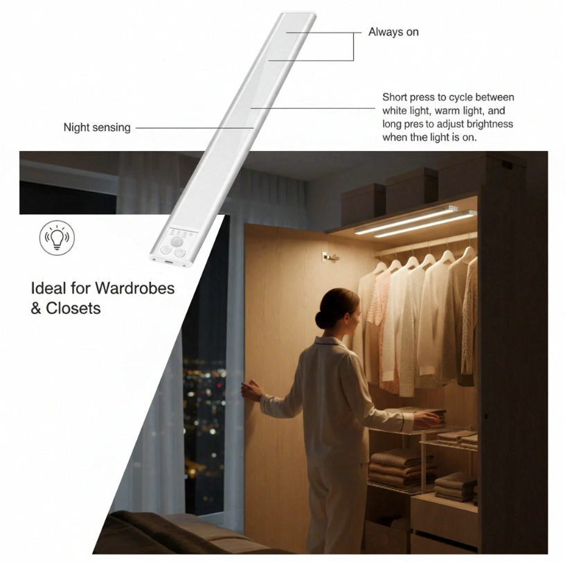 Lusense Barre lumineuse ultra-mince 20 cm, lot de 2, lampe LED avec capteur PIR, 3 températures de couleur, rechargeable USB, batterie 800 mAh, pour cuisine et chambre à coucher