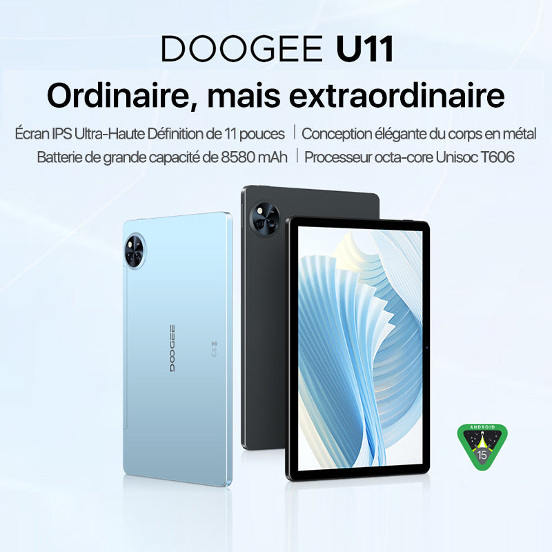 DOOGEE nouvelle tablette Android 15, tablette U11 de 11 pouces, équipée de l’IA Gemini, 16GB+128GB/2TB, batterie 8580mAh, Unisoc T7200, Wi-Fi 5G, prise en charge de Widevine L1, Bluetooth 5.0, appareils photo 13MP+5MP, GPS, OTG, bleu