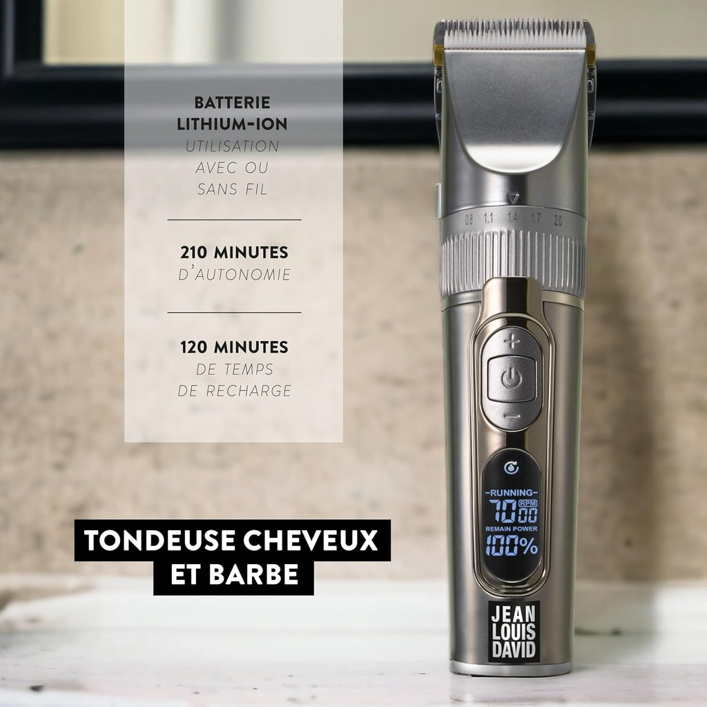 Jean Louis David Digital Clipper – Tondeuse Cheveux & Barbe Sans Fil, 25 Hauteurs de Coupe, Écran Digital