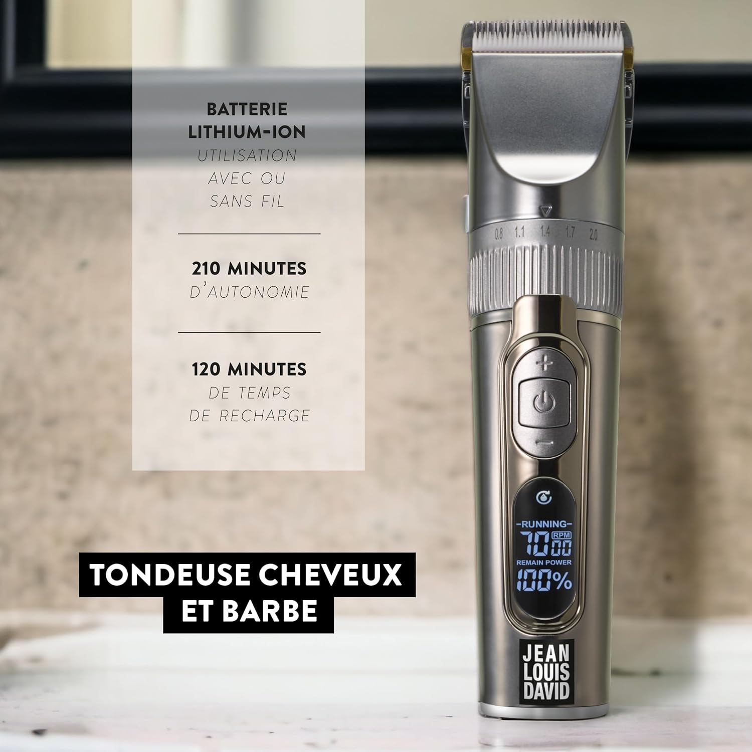Jean Louis David Digital Clipper – Tondeuse Cheveux & Barbe Sans Fil, 25 Hauteurs de Coupe, Écran Digital