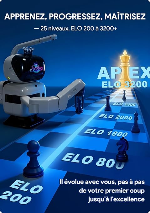 SenseRobot Adversaire intelligent pour jeu d’échecs – Robot d’échecs IA avec bras robotisé, 25 niveaux de difficulté IA, Plus de 1200 problèmes d’entraînement, Entraînement aux finales, Relecture de parties classiques, Guidage vocal, Intégration Lich