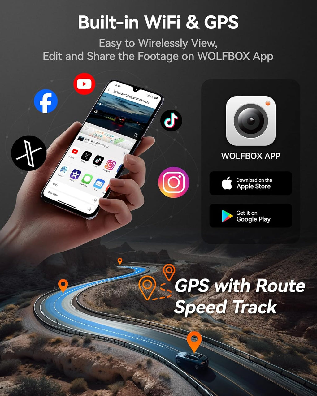 WOLFBOX i07 Caméra embarquée 3 canaux avec Wi-Fi et GPS intégrés, Caméra embarquée 4K avant et intérieure, Triple caméra de voiture 1440p+1080p+1080p avec écran LCD 3 pouces