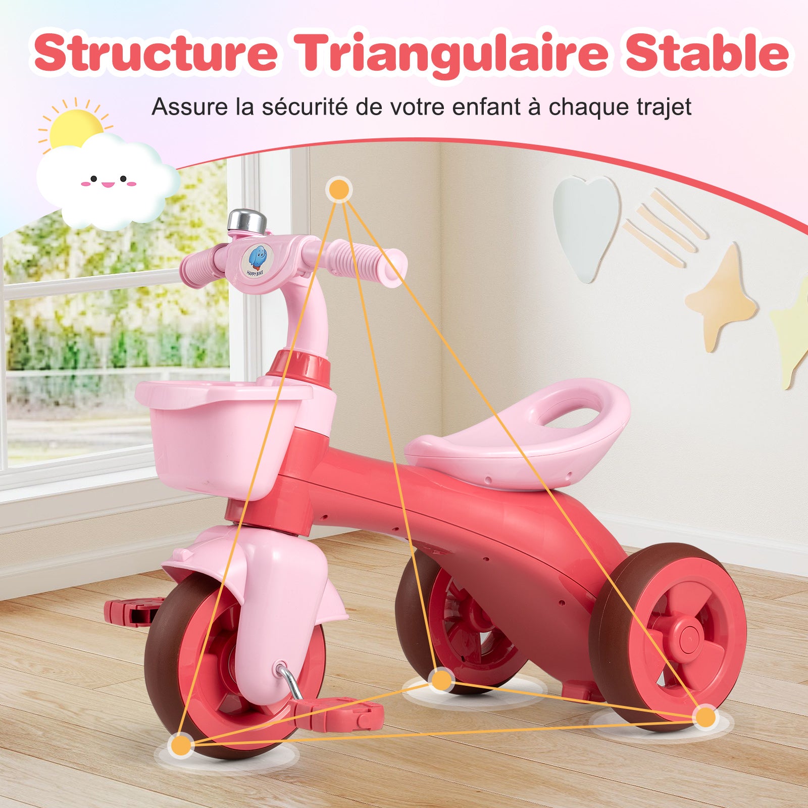 Costway Tricycle pour enfants, Limiteur de direction, Panier avant et sonnette, Rose