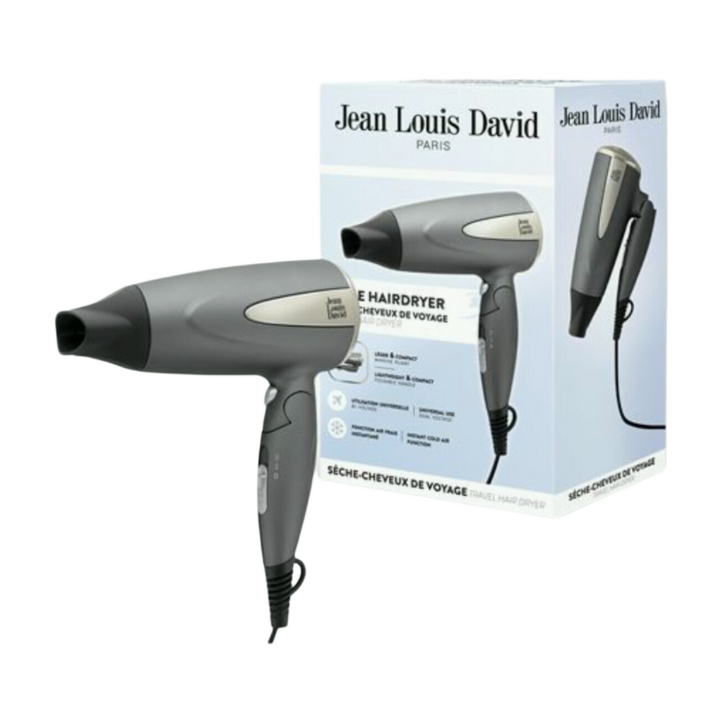 Jean Louis David Sèche-cheveux ultra-léger à moteur DC - Format compact et poignée pliante - Idéal pour le voyage - Double tension - Gris