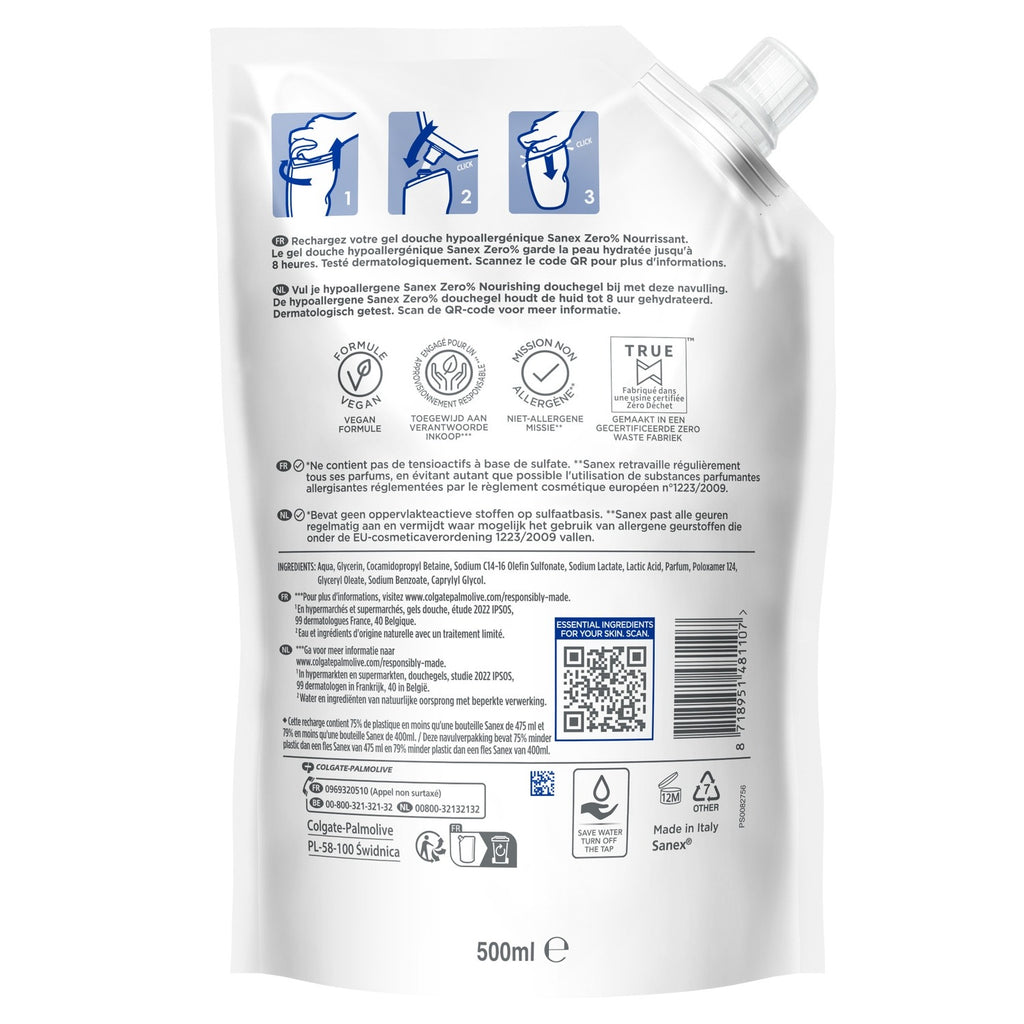 SANEX Gel Douche Nourrissant, Hypoallergénique pour Peaux Sèches, 500 ml