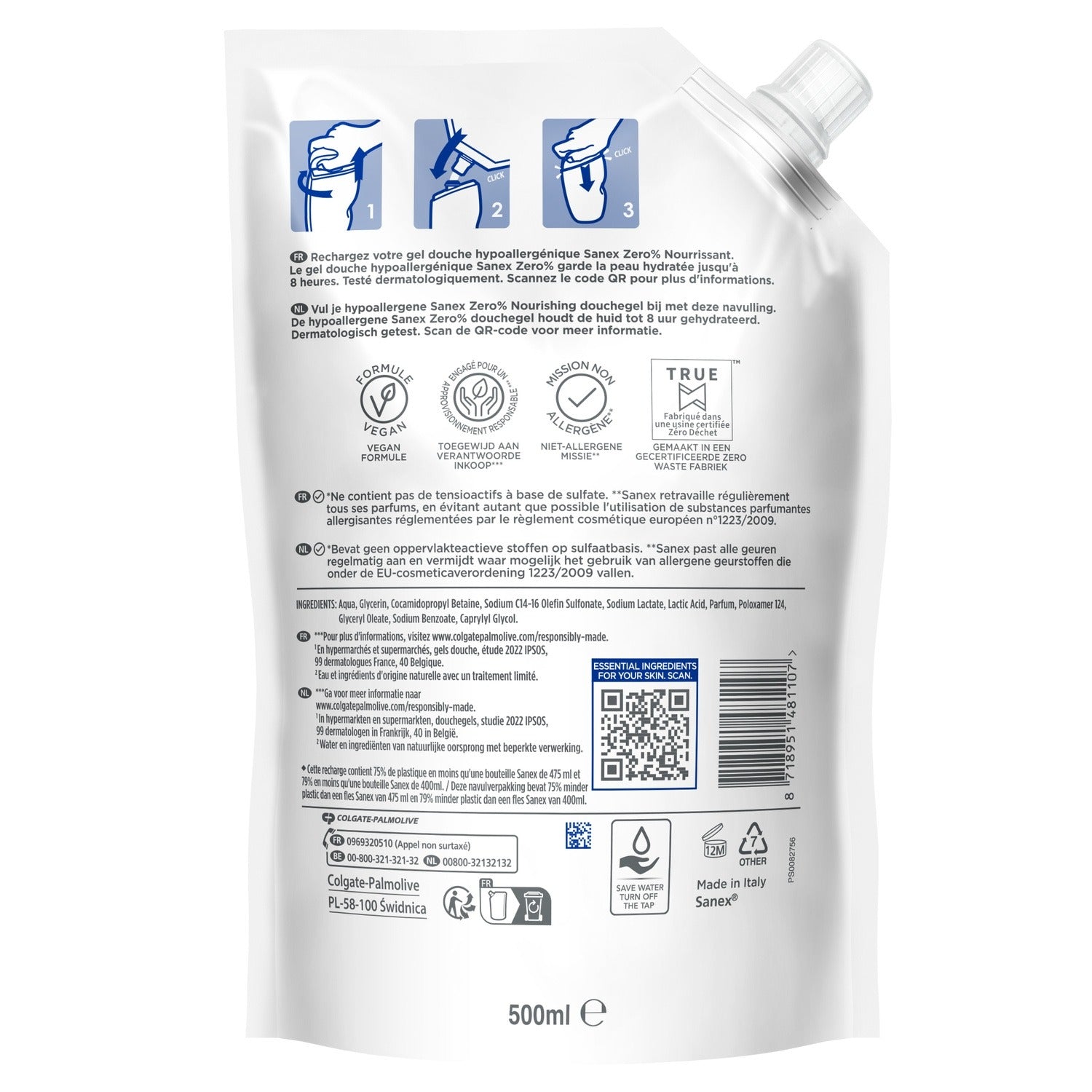 SANEX Gel Douche Nourrissant, Hypoallergénique pour Peaux Sèches, 500 ml