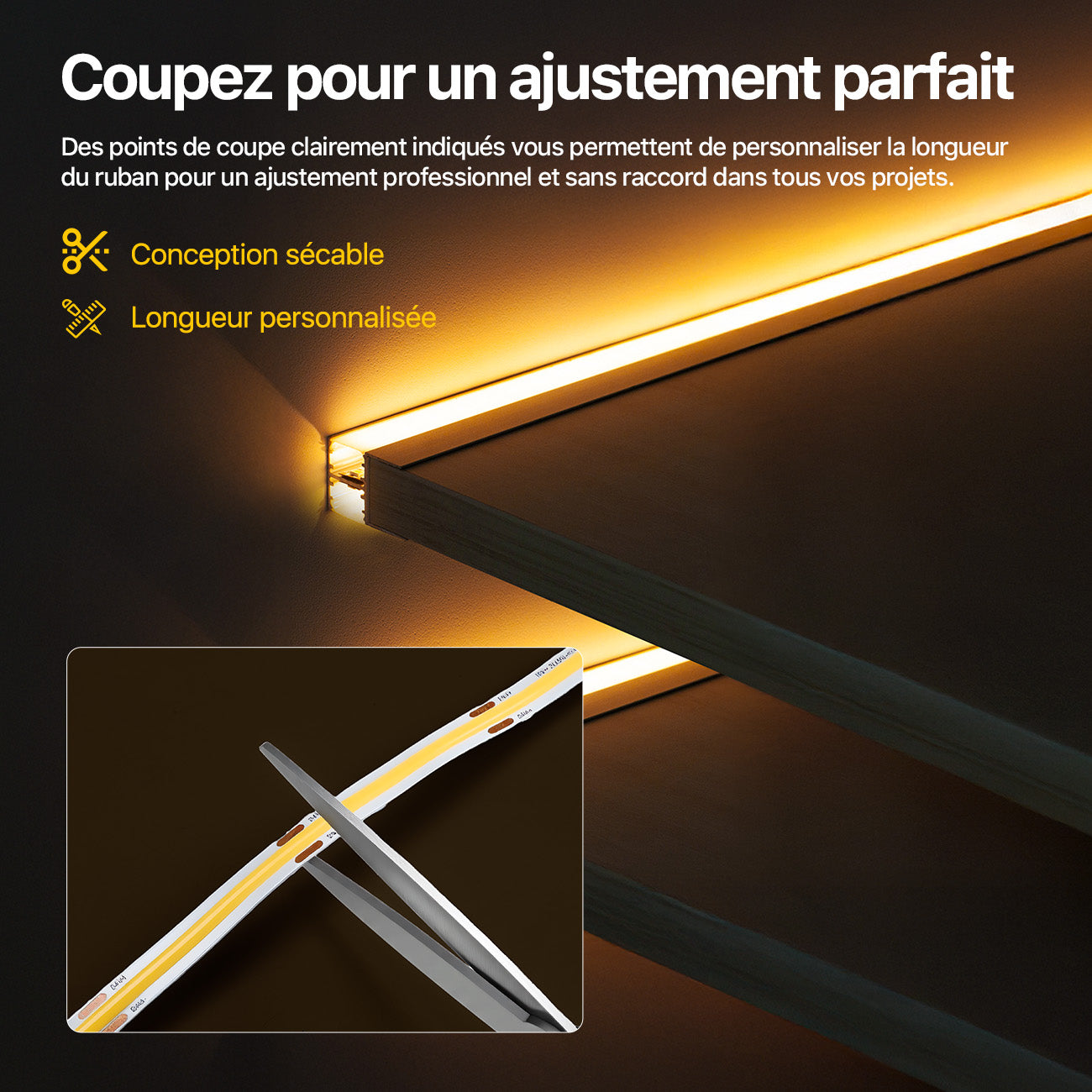 VIVREAL Ruban LED COB 12 V 6,56 pi 3000 K Blanc chaud à intensité variable, ruban flexible avec alimentation et télécommande RF, IRC élevé 92