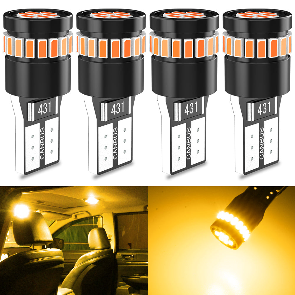 KATUR 194 168 2825 Ampoules LED W5W T10 24 SMD, compatible CANBUS sans erreur, pour plaque d’immatriculation, forme convexe, 3014 (4 pièces, jaune ambré)