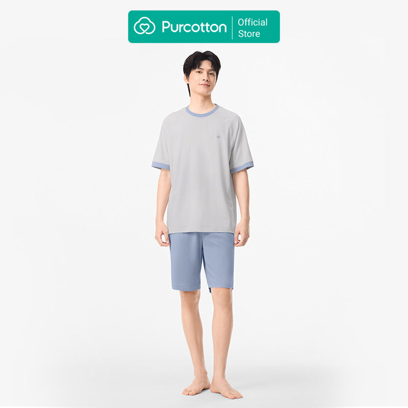 Purcotton Ensemble de shorts de survêtement en tricot antibactérien pour homme - Antibactérien et respirant - Extensible et confortable - Loisirs à la maison - Gris