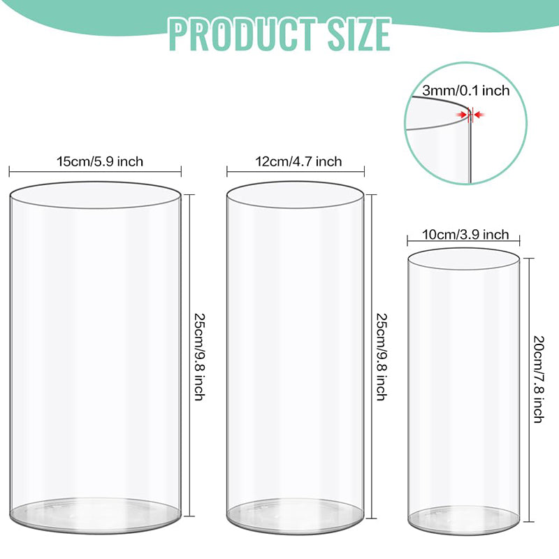 Yuejia Lot de 3 vases à fleurs cylindriques en plastique acrylique transparent incassable, 25 cm/9,8 po et 20 cm/7,8 po, compositions florales, centres de table de mariage, bricolage
