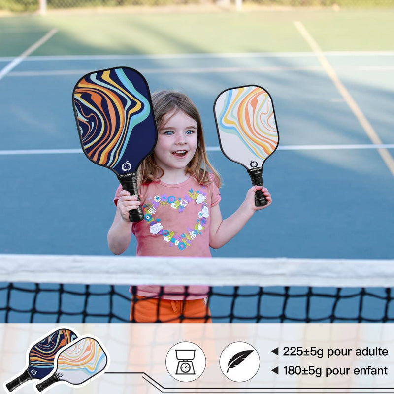 Niupipo Lot de 4 raquettes de pickleball (2 raquettes pour adultes + 2 raquettes pour enfants) – Fibre de verre, Noyau en nid d’abeille en polypropylène, Certifié USAPA, Poignée confortable, Parfait pour une utilisation familiale, MX-23