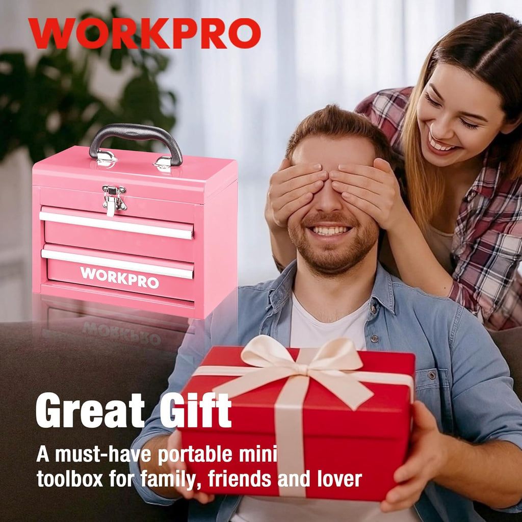 WORKPRO Mini mallette de transport en métal avec 2 tiroirs (guidage à roulements amélioré, avec serrure et poignée) - rose