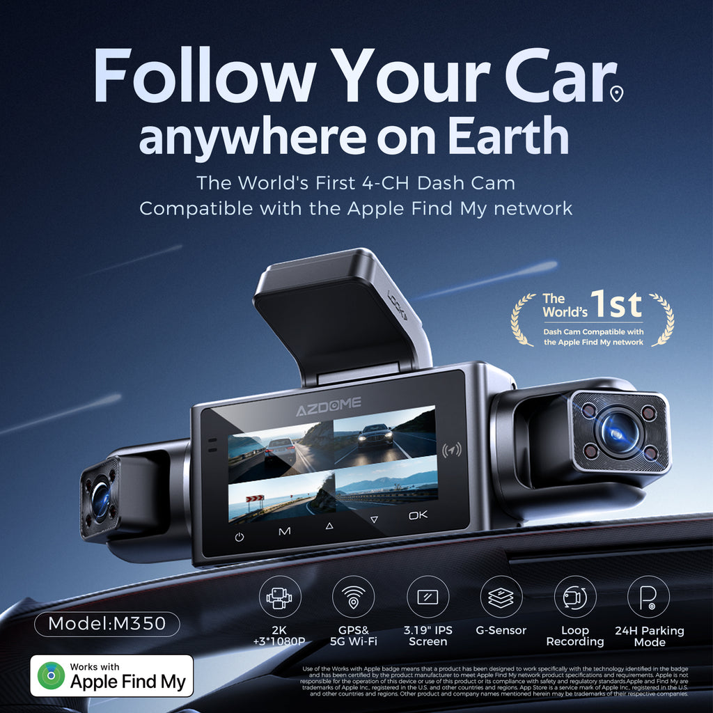 AZDOME M350 Dashcam 4 canaux vue complète 360° fonctionne avec Apple Localiser ma Dashcam avant 2,5K, 1080P caméra arrière gauche et droite pour voitures