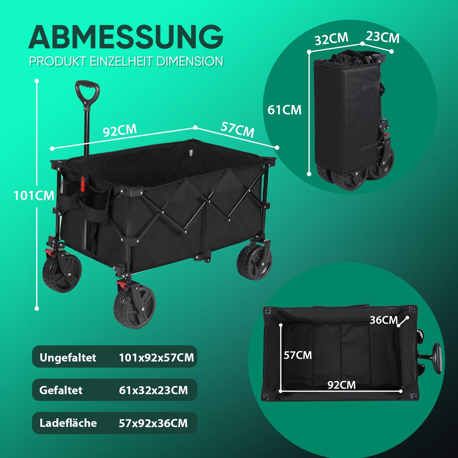 Sekey Chariot pliable festival 200 L Avec roues tout-terrain extra larges et frein Noir