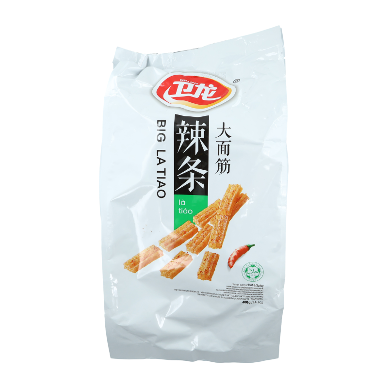 Wei Long Snack au gluten épicé – Grandes lanières, saveur épicée, 400 g (contient 6 paquets)