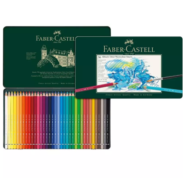 Faber-Castell Boîte en métal de 36 crayons de couleur aquarellables