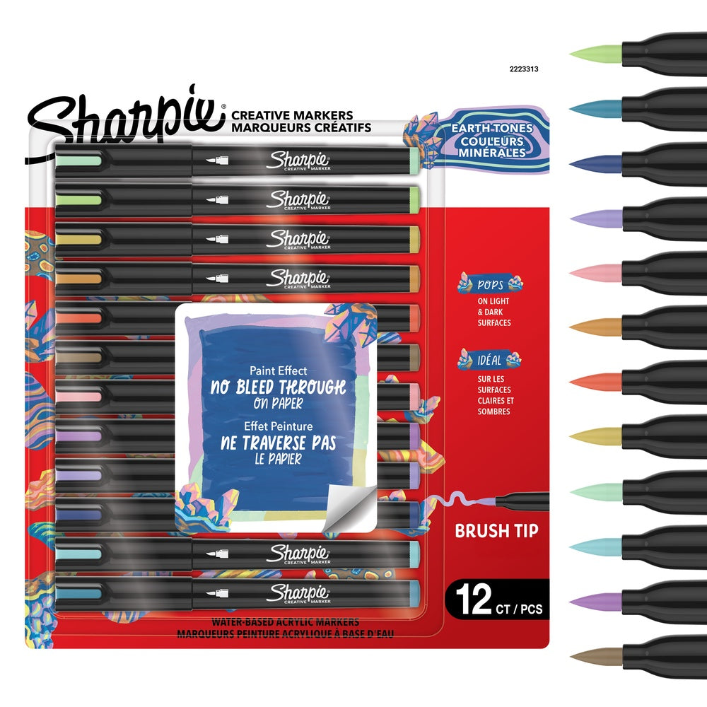 Sharpie Feutres acrylique | Pointe pinceau | Feutres de coloriage adulte idéal pour coloriage mystère, dessiner etc. | Encre anti-bavures à base d’eau | Teintes Chaudes | Lot de 12