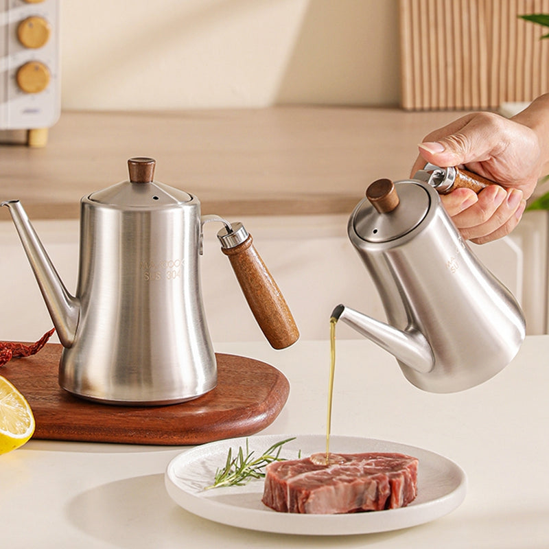 Maxcook bouteille pour huile d’olive et huile de cuisine en acier inoxydable 304 (33.8 onces/1000 ml) - bouteille à huile antifuite - poignée en bois de hêtre