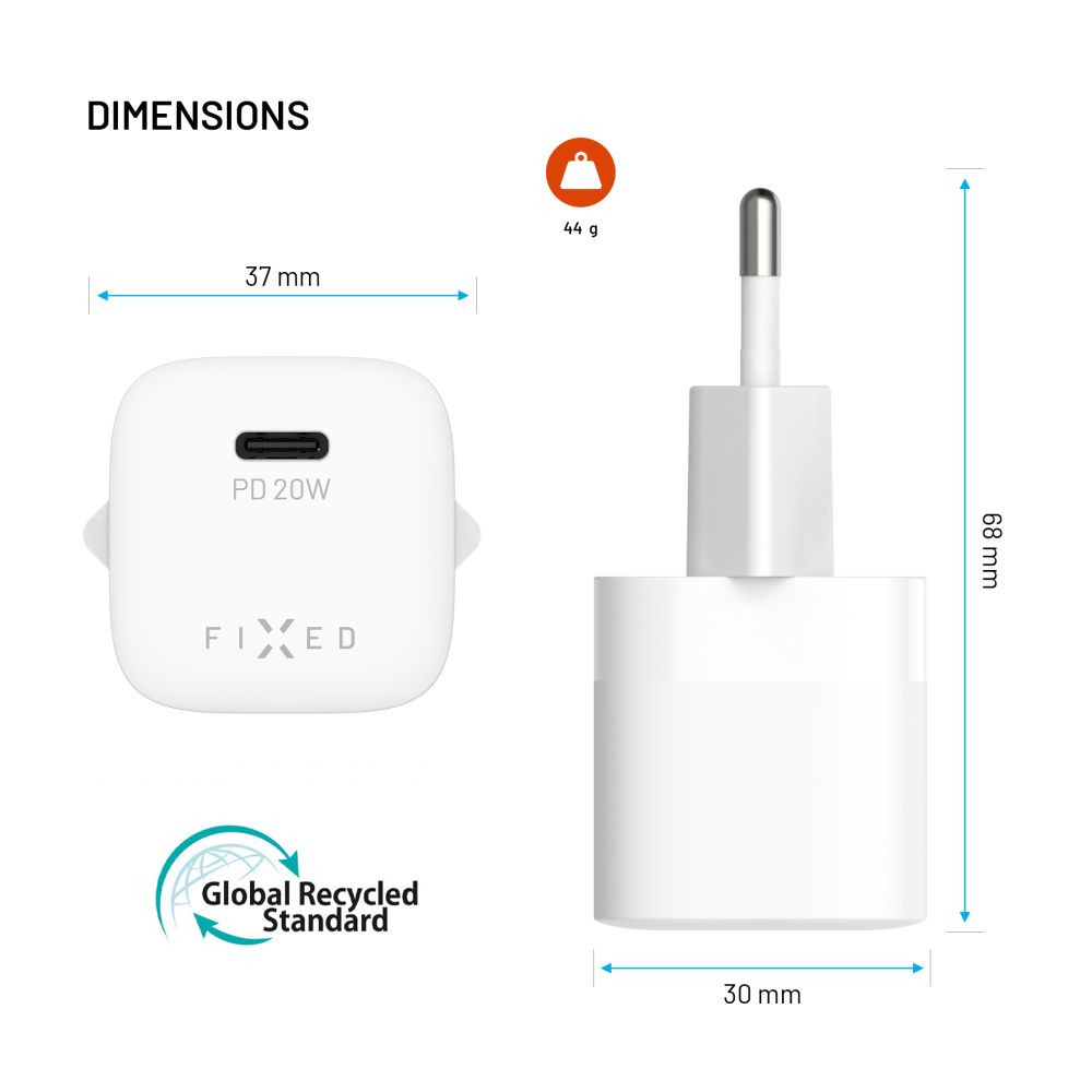 FIXED Chargeur de voyage mini 20 W + câble USB-C vers USB-C, Blanc