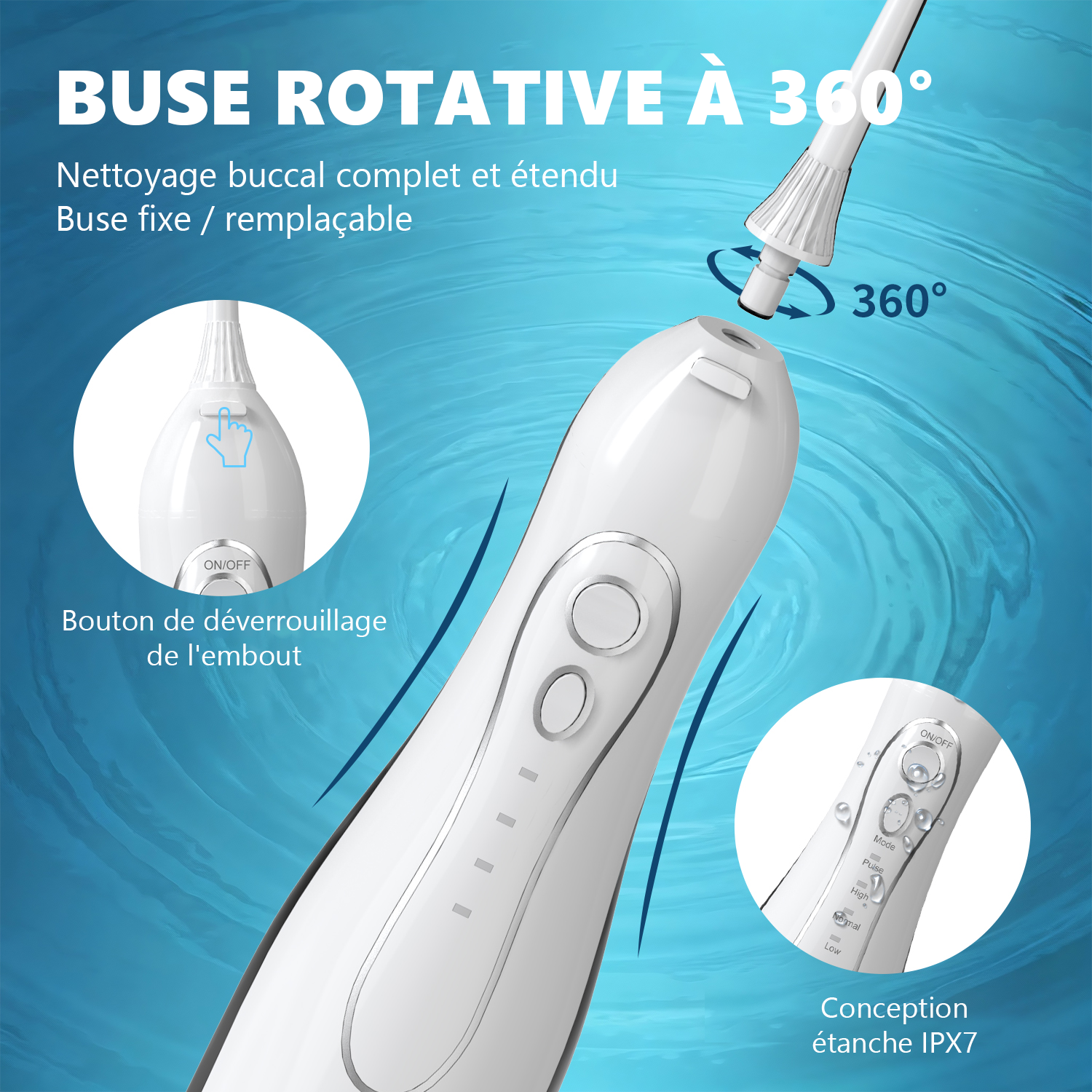 Sunluxy Hydropulseur dentaire sans fil portable – Pression d'eau puissante 140 PSI, 5 Modes, Buse rotative à 360°, Grand réservoir d'eau 300 ml, Autonomie longue durée 40 jours