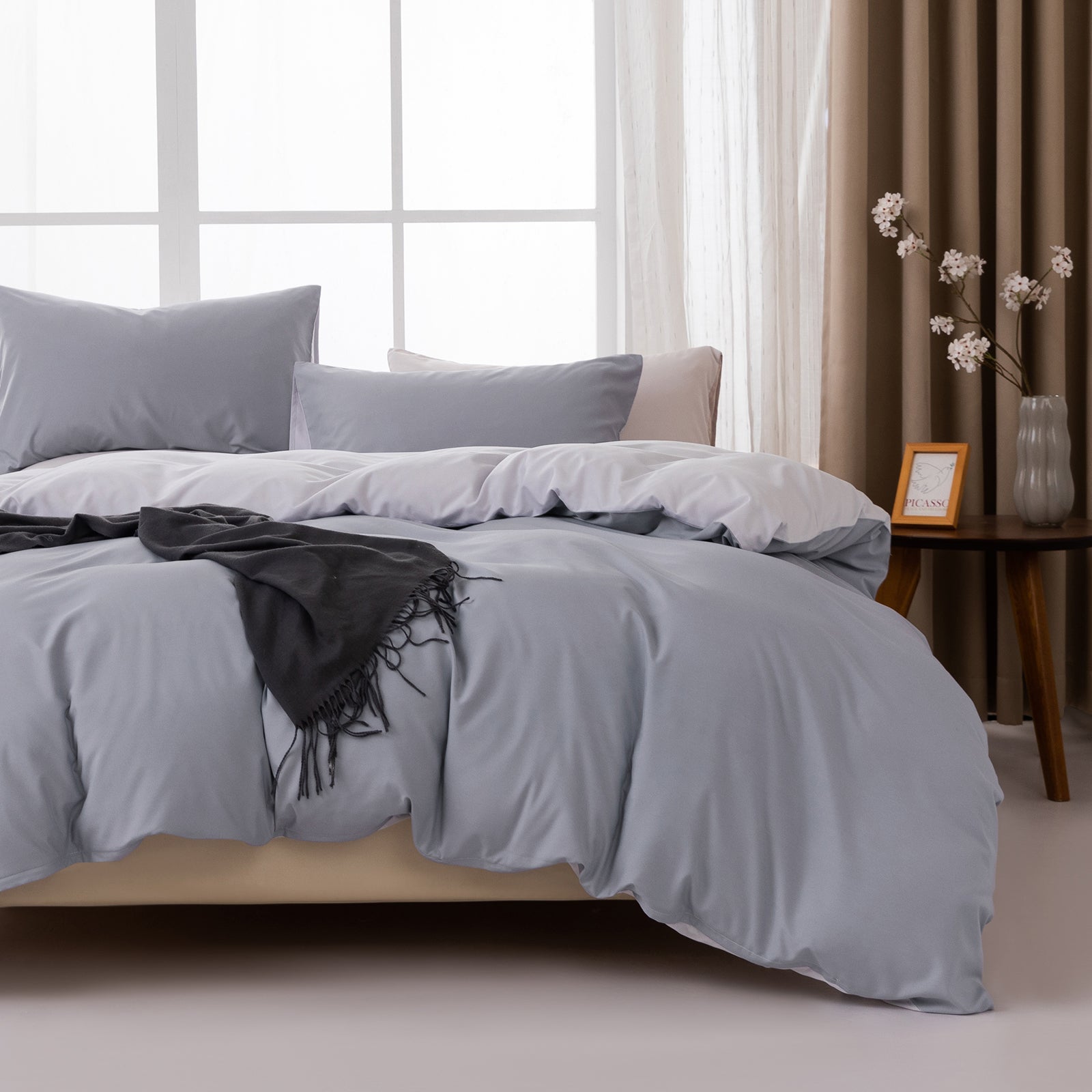 MENDALE Parure de couette - Parure de lit premium - Housse de couette 240*220 cm avec taie d'oreiller 80*80 cm - Microfibre douce brossée - Gris foncé & gris clair