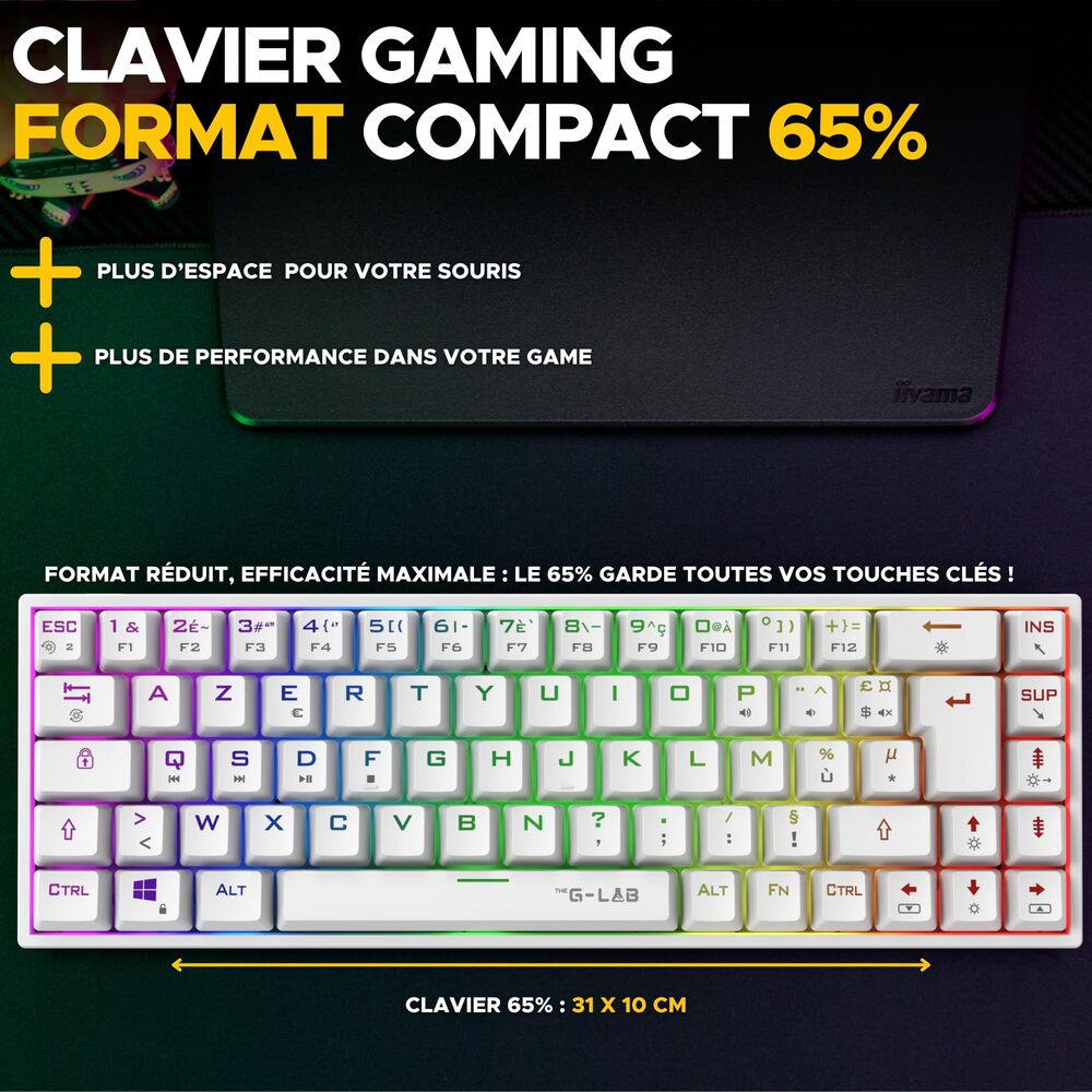 THE G-LAB Keyz Titanium Clavier Gaming Mécanique Switch Rouge Filaire RGB 65% - AZERTY- Blanc