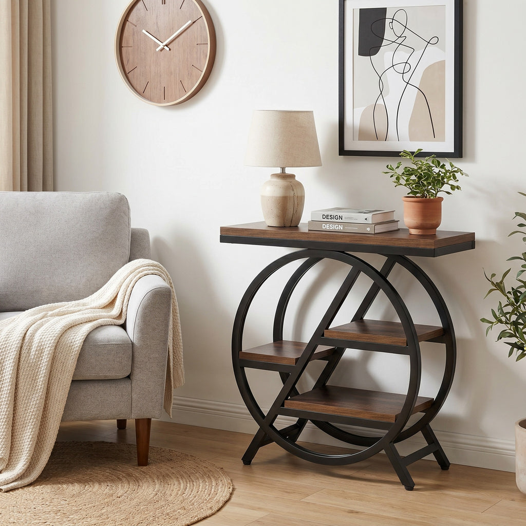 LANTINE Table d'appoint 3 niveaux avec rangement Cadre métallique géométrique style industriel Marron rustique