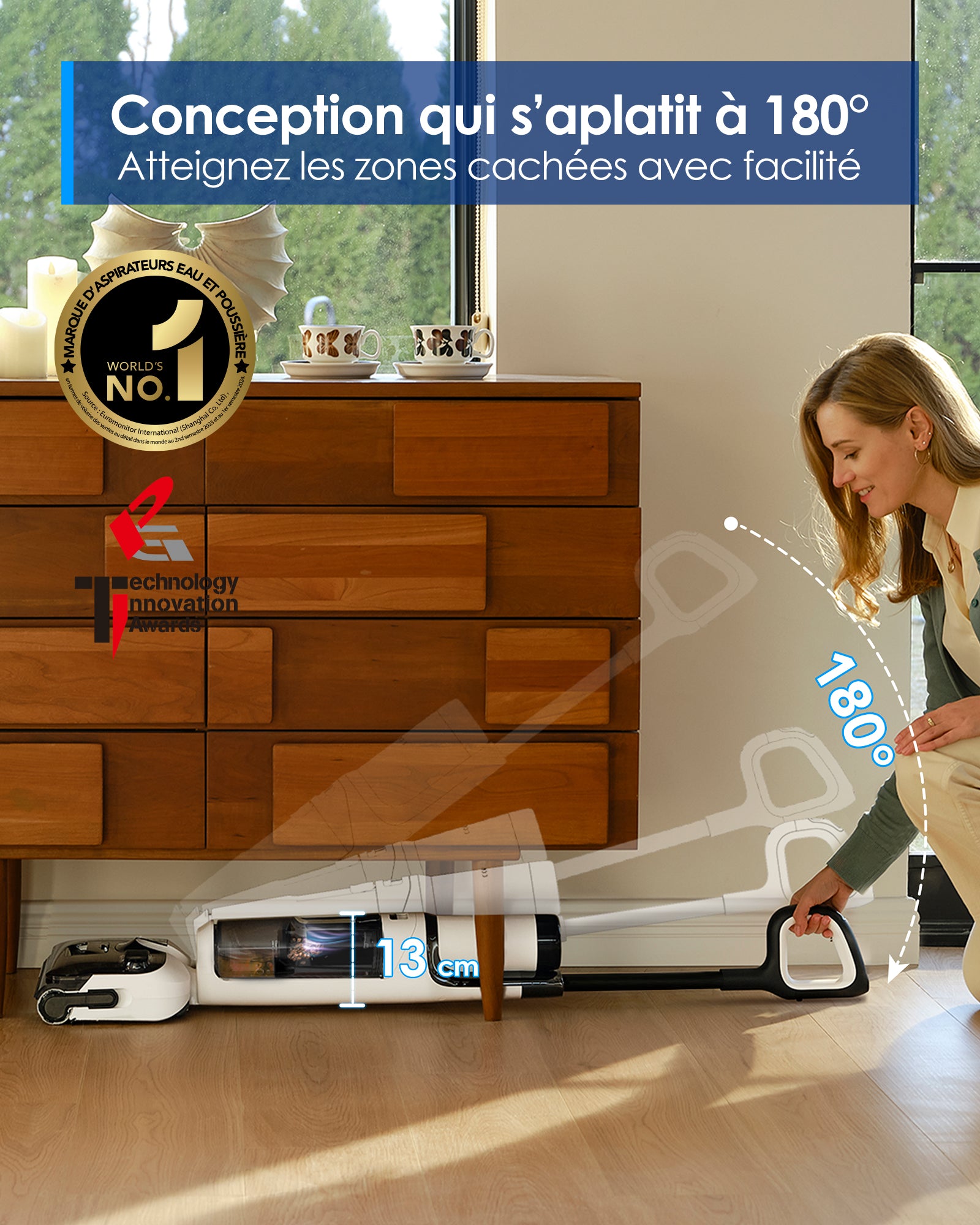 Tineco Floor One Stretch S6 Aspirateur eau et poussière Conception à plat 180° Accès bas 13 cm Autonettoyage FlashDry 70 °C Autonomie 40 min