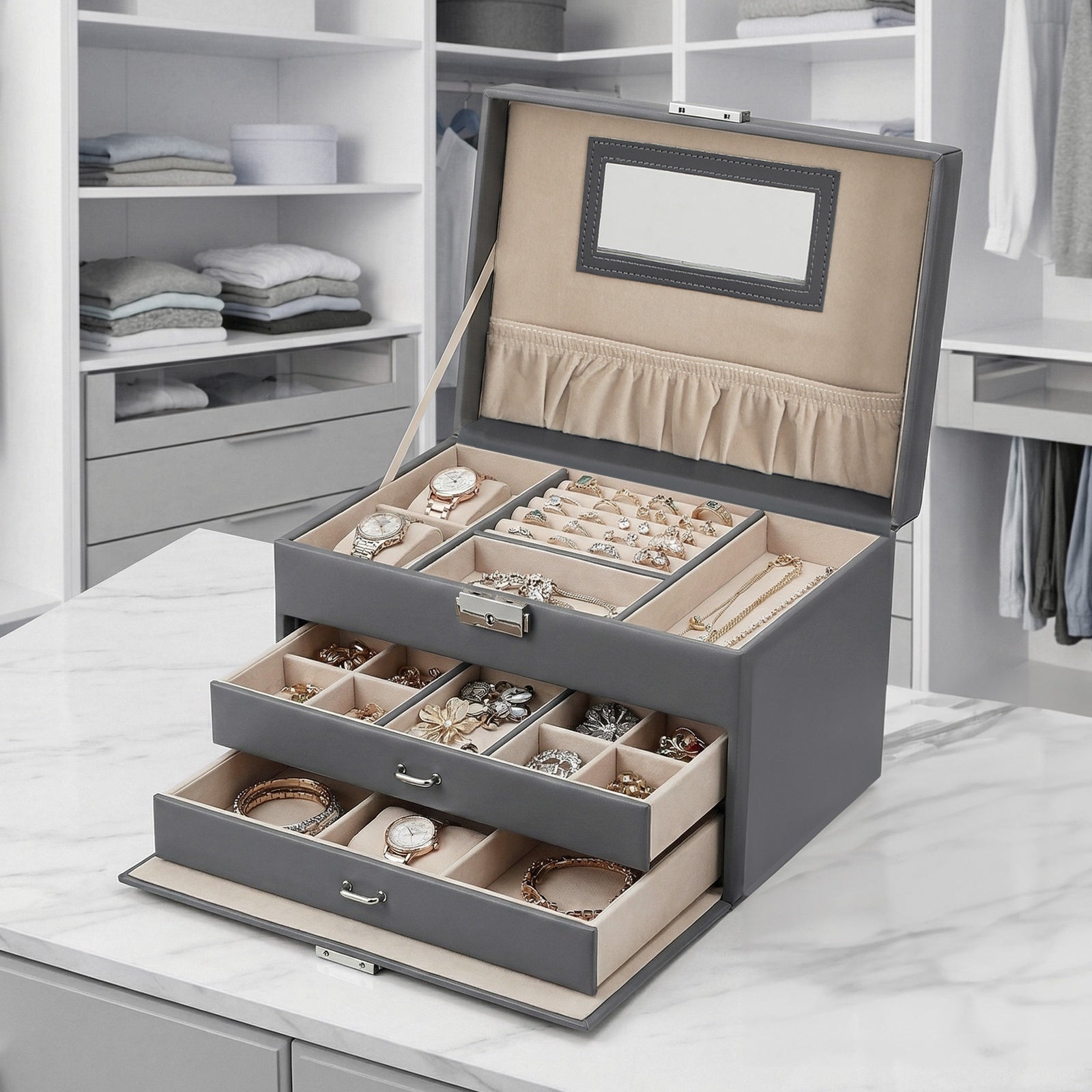 JOYFURNOS Boîte à bijoux, Organisateur de bijoux avec 2 tiroirs, Boîte à bijoux verrouillable avec miroir, Étui de voyage portable, Pour bagues, bracelets, boucles d'oreilles, colliers, Doublure en velours, Cadeau, Gris
