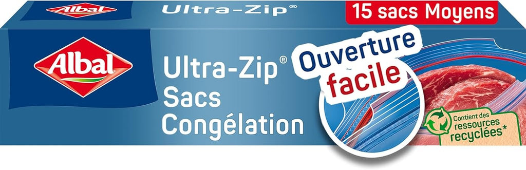 ALBAL Ultra-Zip sacs de congélation moyens, fermeture double zip, 27 x 24 cm, 3 L, lot de 15, fabriqués avec 70 % de matériaux recyclés
