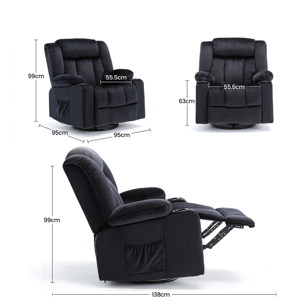 COMHOMA Chaise de relaxation manuelle pivotante pour adultes avec dossier réglable et repose-pieds, chaise longue 361° pour salon, porte-gobelet, poches latérales, tissu doux, ergonomique, noir
