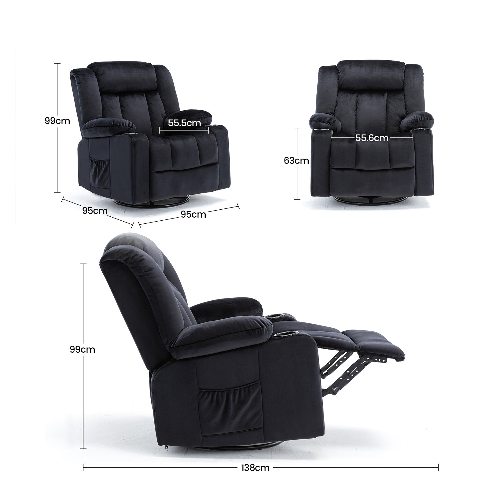 COMHOMA Chaise de relaxation manuelle pivotante pour adultes avec dossier réglable et repose-pieds, chaise longue 361° pour salon, porte-gobelet, poches latérales, tissu doux, ergonomique, noir