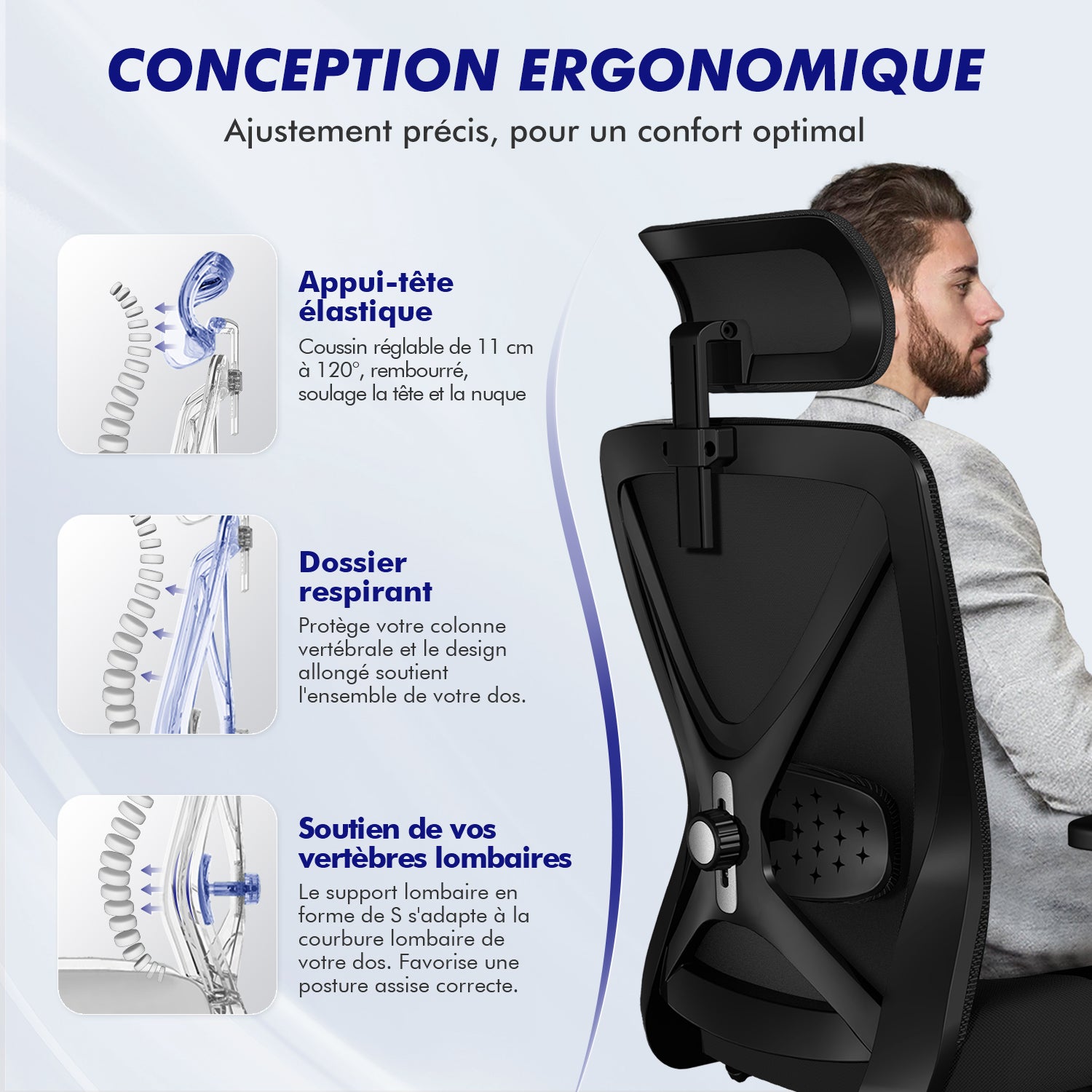 GTIMEX Chaise de bureau ergonomique, chaise de bureau, chaise de bureau avec accoudoirs réglables, soutien lombaire souple en éponge naturelle et appui-tête, chaise de direction
