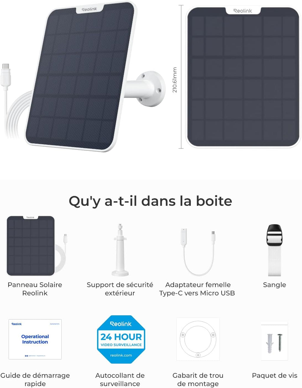 Reolink Panneau Solaire 2 6 W pour Caméra de Sécurité Extérieure Sans Fil, USB Type-C, Support Réglable à 360°, Câble de 4 m, Étanche, Blanc