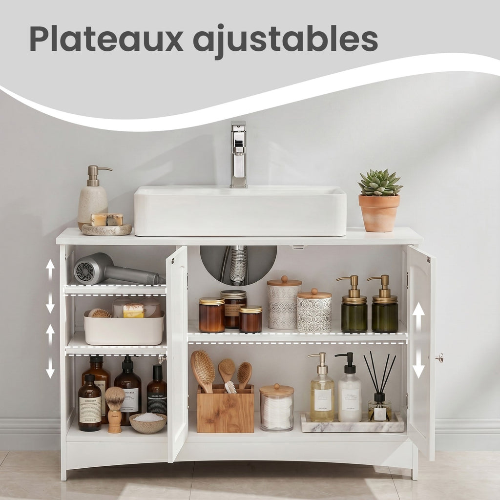 Ochama Meuble de salle de bain blanc réglable en hauteur, meuble sous-vasque extra long avec 2 portes, meuble de rangement pour salle de bain