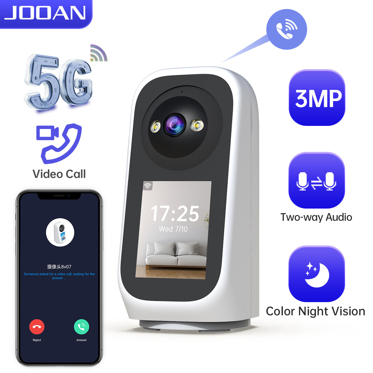 JOOAN Caméra de surveillance intérieure 5G Wi‑Fi avec écran 2K, PTZ 360°, caméra IP pour la maison, pour bébé et personnes âgées, carte SD, stockage en nuage, détection de mouvement