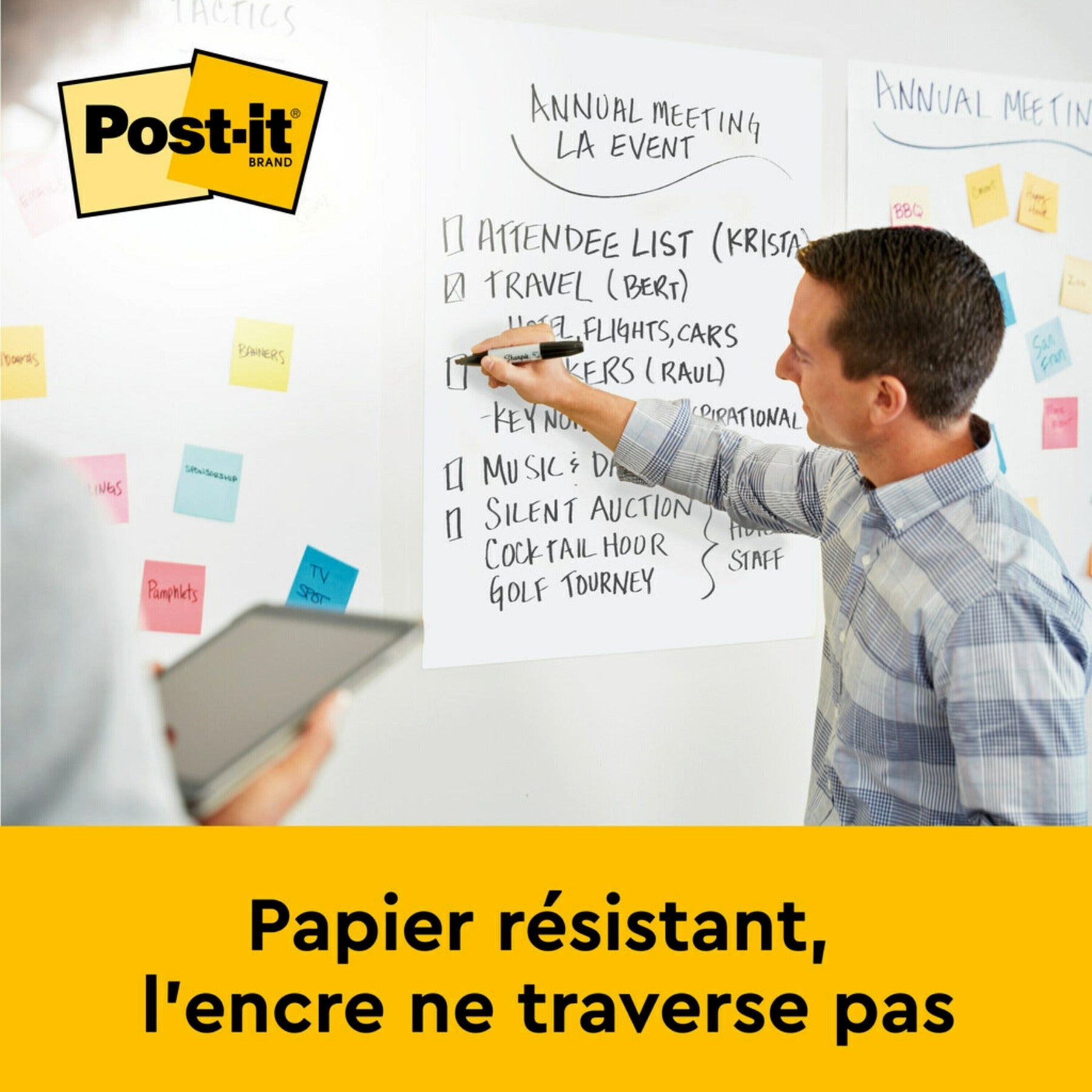 Post It Bloc mural autocollant super adhésif pour tableau de réunion, 566, Blanc, 58,4 cm x 50,8 cm, 20 feuilles/bloc, 2 blocs/lot, 100 % PEFC, SGSCH-PEFC-COC-110078 + 8 bandes adhésives Command™/lot